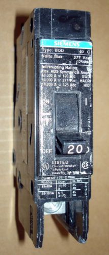 Siemens circuit breaker 1 pole 20 amp type bqd 277 vac 125 vdc bolt-on bqd120bp for sale