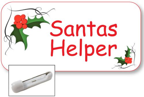 WHITE NAME BADGE TAG FOR SANTAS HELPER CHRISTMAS ARTWORK SAFETY PIN FASTENER