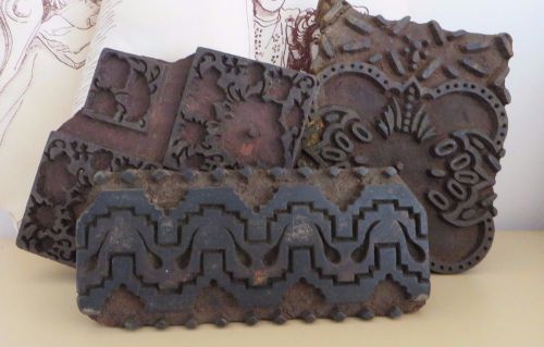 3 VINTAGE HANDMADE WOODEN TEXTILE PRINTING BLOCKS FROM INDIA W/HANGERS