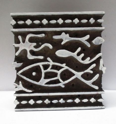 WOODEN HAND TEXTILE FABRIC PRINTER BLOCK STAMP BOLD CARVING FISH DESIGN UNIQUE