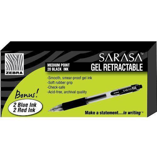 Zebra pen sarasa rapid dry ink retractable gel, 20 black, 2 red, 2 blue pack for sale