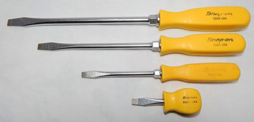 VERY NICE SET OF 4 SNAP-ON FLAT BLADED SCREWDRIVERS W/YELLOW HANDLES