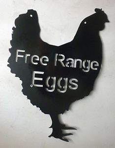 18&#034; FREE RANGE EGGS Sign Metal Wall Art Black Chicken Homestead Farm Coop