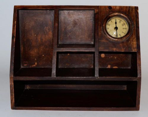 Vintage Desk Organizer Wood WIth Clock Industrial Style