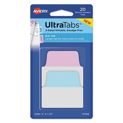 Ultra Tabs Repositionable Tabs, 2 x 1 3/4, Pastel: Blue, Pink, 20/Pack