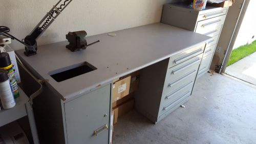 Equipto workbench and cabinet 5 drawer includes vice and vemcolite lamp vl-3 for sale
