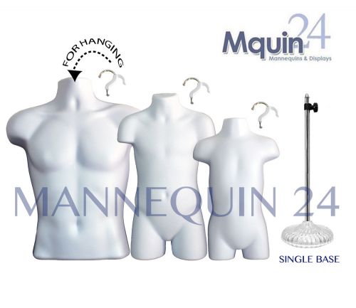 3 WHITE MANNEQUINS: MALE, CHILD &amp; TODDLER TORSO BODY FORMS + 1 STAND + 3 HANGERS