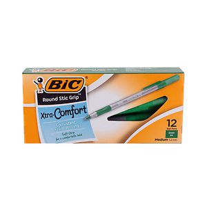 BIC Round Stic Grip Xtra Comfort Ballpoint Pen, Green Ink, 1.2mm, Medium, Dozen