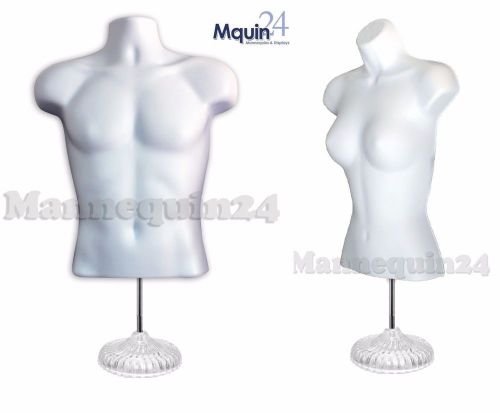 2 Mannequins: Male &amp; Female Torso Forms White, Size SM-MD +2 Stands +2 Hangers