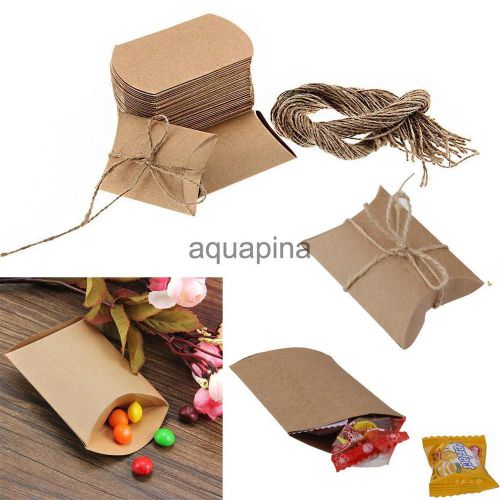 50pcs Kraft Paper Pillow Candy Boxes w/Linen Wedding Party Favour Gift