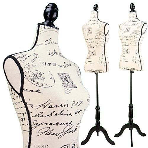 Female Postage Print Vintage-style Fabric Mannequin Dress Form (On Black Tripod