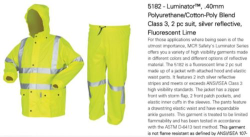 3M-MCR Safety Luminator Series 2 Pc. Rain Jacket &amp; Pants 5182L (NEW) Sz L