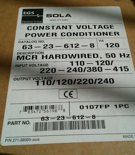 NEW SOLA 63-23-612-8 Constant Voltage Transformer MINI/MICRO COMPUTER REGULATOR