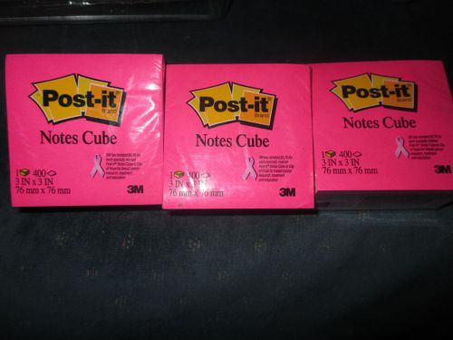 NEW (3) Post-it Notes Cube Breast Cancer Awareness 3x3 Neon &amp; Light Pink Purple