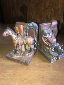Rustic Western Herritage Ceramic Copper Horse And Revolver Book Ends Desk Set