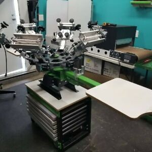 Riley Hopkins 6 color 2 station screen printing press, equipment and supplies