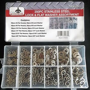 350pc GOLIATH INDUSTRIAL STAINLESS STEEL LOCK &amp; FLAT WASHER ASSORTMENT NUTS BOLT