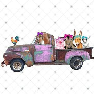 Farm Animals w/ Bandanas Pink Truck Sublimation Transfer, Ready to Press, Cow