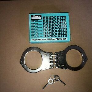 Rothco Old Stock Double Lock Nickel Plated Police Hinged Handcuffs 4 Hinges Keys