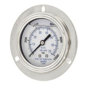 PIC GAUGES 304L-254M Gauge, 2.5&#034;, 0/1000psi, 1/4&#034;CBM, SS, FrtFlng, Connection