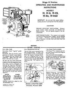 BRIGGS &amp; STRATTON MODEL 19 19-B ENGINE OPERATORS MAINTENANCE MANUAL OWNER BS