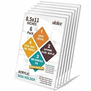 NIUBEE 6Pack 8.5x11 Acrylic Sign Holder with Vertical Slanted Back Clear Plas...