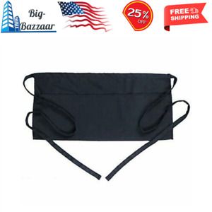Waist Apron with 3 Pockets - Black Waitress Waiter Server Half Short