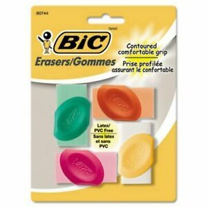 Bic Eraser with Grip, Oval, Medium, Assorted, 4/Pack (BICERSGP41AST)