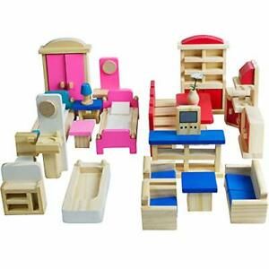 Wooden Dollhouse Furniture - 5 Sets, 1:12 Scale Doll House Furnishings 35 Pieces