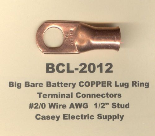 2 big bare copper ring lug terminal connectors #2/0 wire awg 1/2&#034; stud molex for sale