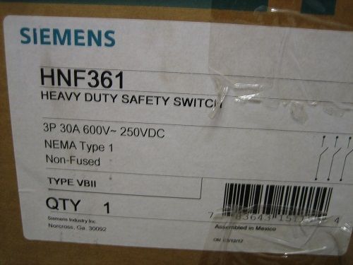 Siemens/ITE HNF361 Safety Switch Heavy Duty 3P 30A 600V Non-Fused Nema 1