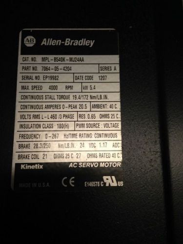 Allen bradley mpl-b540k-mj24aa series a servo motor max 4000rpm kw 5.4  new for sale