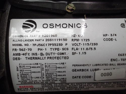 Osmonics 3/4 hp geared motor 115/230 volts reversible w/ 15inch stainless shaft for sale