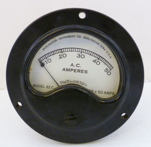 Meter Burlington Inst. Co. Model 22C 0-50 AC Amperes FS-50 Amps 2-3/16&#034; hole Vtg