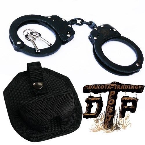 BLACK PLATED DOUBLE LOCK POLICE HANDCUFFS W/ KEYS AND CASE
