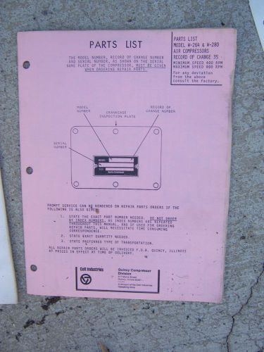 1973 Quincy Model W-264 W-280 Air Compressor Parts List Record of Change  R