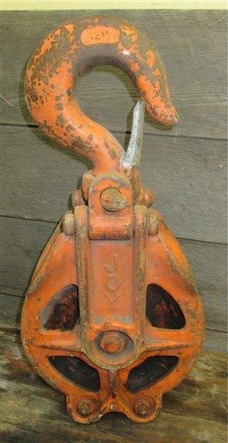 Huge orange joy 155435-1 pulley crane hook block tackle hoist vintage steampunk for sale