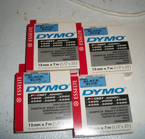 LOT 4 NEW Dymo D1 1/2&#034; Label Cassette 1/2&#034; x 23&#039; 45016 Black Blue Label Tape