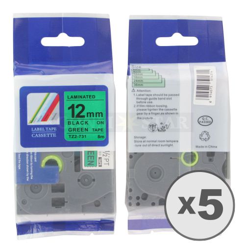 5pk black on green tape label for brother p-touch tz tze 731 12mm 1/2&#034; 26.2ft for sale