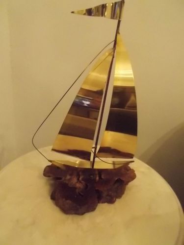 Brass Sailboat Sculpture on Burled Wood Base-Vintage
