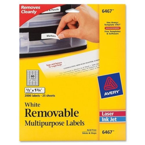 Avery Removable Label - 0.5&#034;Wx1.75&#034;L - 2000/Pk - Laser, Inkjet - White