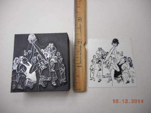 Letterpress Printing Printers Block, Crowd sees Basketball Players jump for Ball