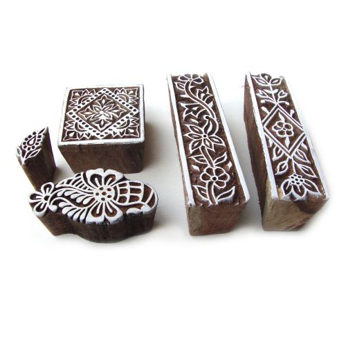 Indian wooden floral designs hand carved block printing tags (set of 5) for sale