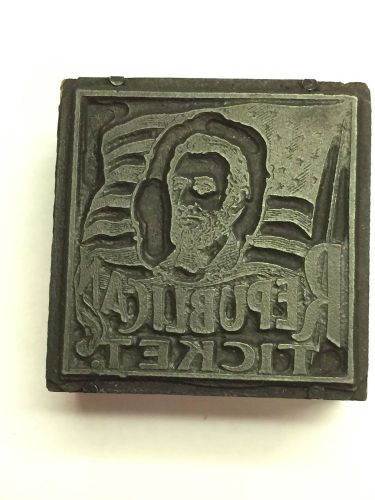 Republican ticket - man&#039;s head within a flag ~ printer&#039;s letterpress type block for sale