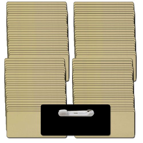 100 BLANK 1 1/2 X 3 GOLD NAME BADGES TAGS 1/8&#034; CORNERS AND SAFETY PIN FASTENERS