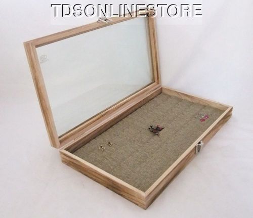Rustic Oak Color Glass Top Jewelry Case With 90 Earring Burlap Insert