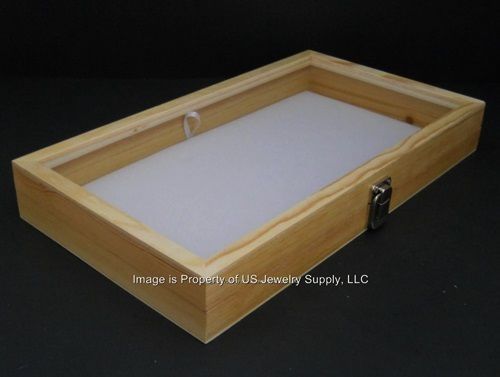 1 Natural Wood Glass Top Lid  White Pad Display Box Case Medals Award Jewelry