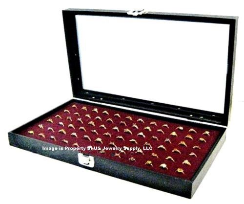 Glass Top Lid 72 Ring Burgundy Jewelry Display Box Storage Case + Bonus Items