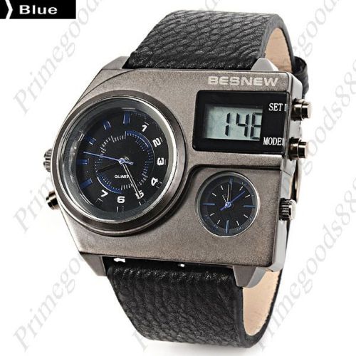 3 Time Zone Digital Quartz Analog Leather Men&#039;s Wristwatch Free Shipping Blue