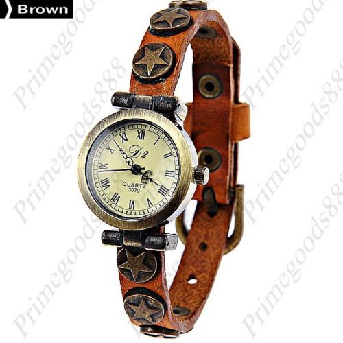 Star round analog pu leather lady ladies wrist quartz wristwatch women&#039;s brown for sale